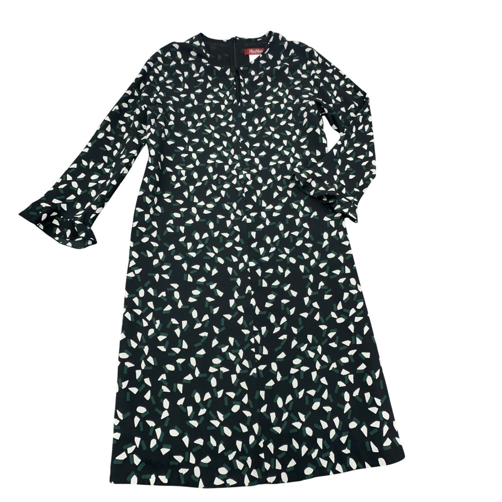 Max Mara Studio Geometric Confetti Print Ruffle Cuff Midi Dress Black Green Sz 8